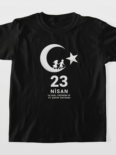 Çocuk 23 Nisan Ulusal Egemenlik Ve Çocuk Bayramı Baskılı Bisiklet Yaka T-shirt - Siyah