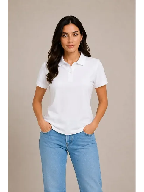 2'li Kadın Polo Yaka Pike Kumaş Düğmeli Basic Tişört Günlük Rahat Kesim - Beyaz, Pembe 2'li Kadın Polo Yaka Pike Kumaş Düğmeli Basic Tişört Günlük Rahat Kesim - Beyaz, Pembe