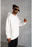 Erkek 3 İplik Pamuklu Kapüşonlu Cepli Düz Oversize Hoodie Sweatshirt - Beyaz