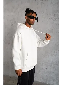 Erkek 3 İplik Pamuklu Kapüşonlu Cepli Düz Oversize Hoodie Sweatshirt - Beyaz