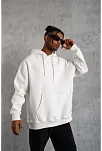 Erkek 3 İplik Pamuklu Kapüşonlu Cepli Düz Oversize Hoodie Sweatshirt - Beyaz