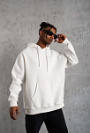 Erkek 3 İplik Pamuklu Kapüşonlu Cepli Düz Oversize Hoodie Sweatshirt - Beyaz