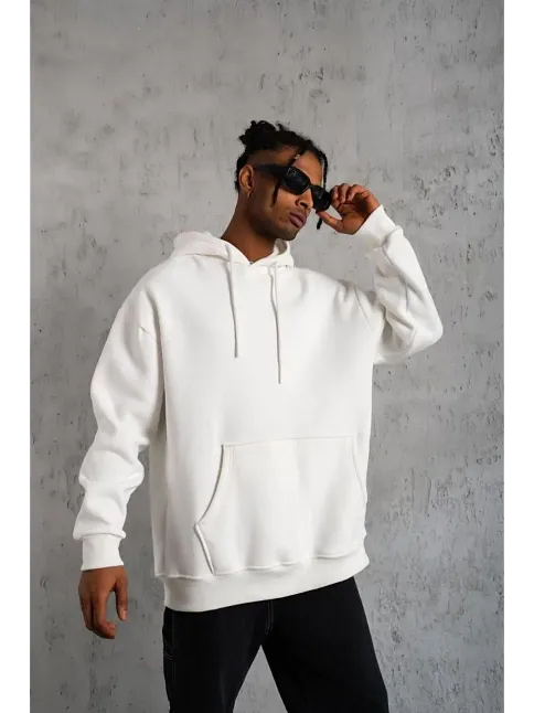 Erkek 3 İplik Pamuklu Kapüşonlu Cepli Düz Oversize Hoodie Sweatshirt - Beyaz