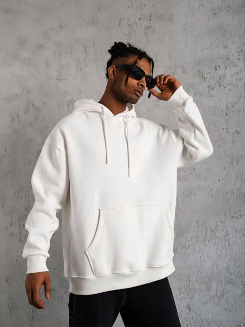 Erkek 3 İplik Pamuklu Kapüşonlu Cepli Düz Oversize Hoodie Sweatshirt - Beyaz