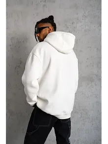 Erkek 3 İplik Pamuklu Kapüşonlu Cepli Düz Oversize Hoodie Sweatshirt - Beyaz