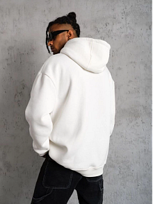 Erkek 3 İplik Pamuklu Kapüşonlu Cepli Düz Oversize Hoodie Sweatshirt - Beyaz