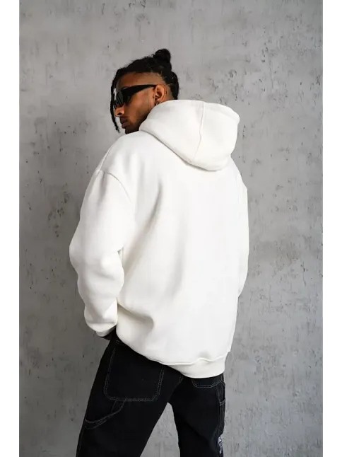 Erkek 3 İplik Pamuklu Kapüşonlu Cepli Düz Oversize Hoodie Sweatshirt - Beyaz