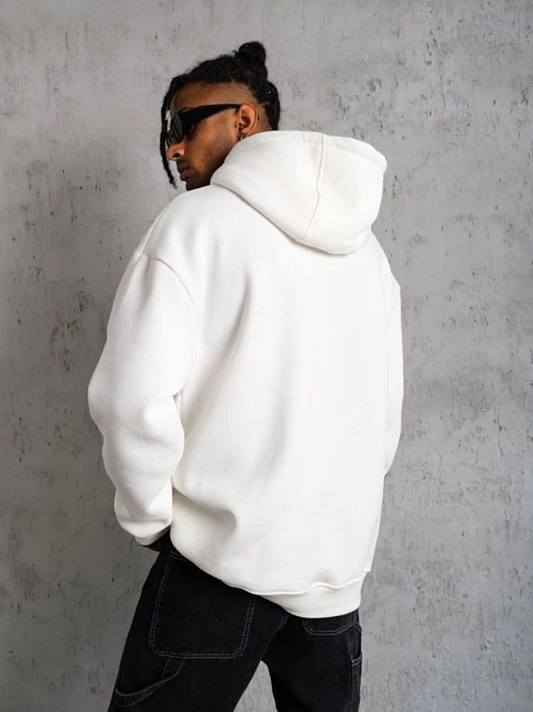 Erkek 3 İplik Pamuklu Kapüşonlu Cepli Düz Oversize Hoodie Sweatshirt - Beyaz