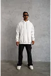 Erkek 3 İplik Pamuklu Kapüşonlu Cepli Düz Oversize Hoodie Sweatshirt - Beyaz