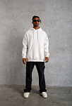 Erkek 3 İplik Pamuklu Kapüşonlu Cepli Düz Oversize Hoodie Sweatshirt - Beyaz