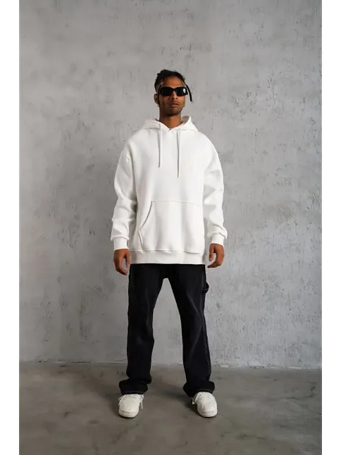 Erkek 3 İplik Pamuklu Kapüşonlu Cepli Düz Oversize Hoodie Sweatshirt - Beyaz