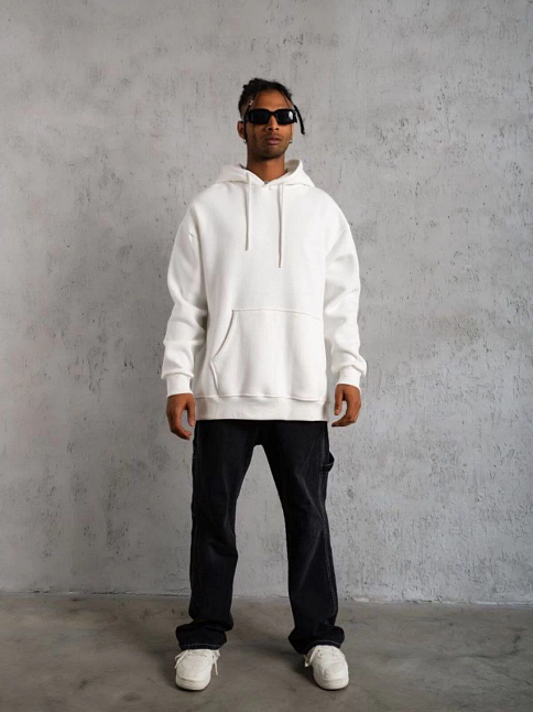 Erkek 3 İplik Pamuklu Kapüşonlu Cepli Düz Oversize Hoodie Sweatshirt - Beyaz