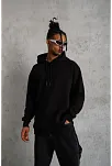 Erkek 3 İplik Pamuklu Kapüşonlu Cepli Düz Oversize Hoodie Sweatshirt - Siyah