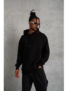Erkek 3 İplik Pamuklu Kapüşonlu Cepli Düz Oversize Hoodie Sweatshirt - Siyah