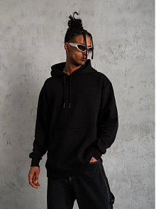 Erkek 3 İplik Pamuklu Kapüşonlu Cepli Düz Oversize Hoodie Sweatshirt - Siyah