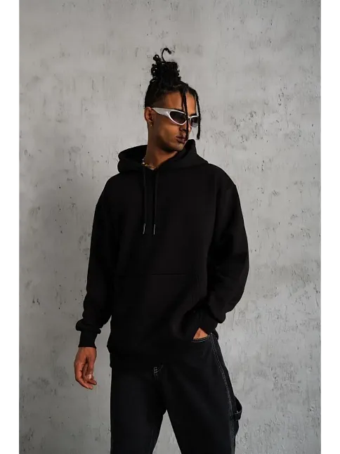 Erkek 3 İplik Pamuklu Kapüşonlu Cepli Düz Oversize Hoodie Sweatshirt - Siyah