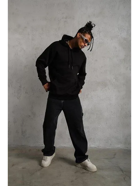 Erkek 3 İplik Pamuklu Kapüşonlu Cepli Düz Oversize Hoodie Sweatshirt - Siyah