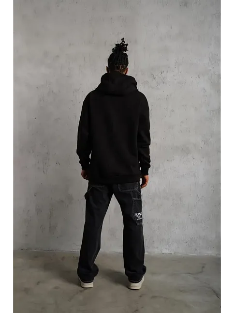 Erkek 3 İplik Pamuklu Kapüşonlu Cepli Düz Oversize Hoodie Sweatshirt - Siyah