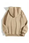 Kadın Kapüşonlu Kanguru Cepli 3 İplik Pamuklu Düz Hoodie Sweatshirt - Bej