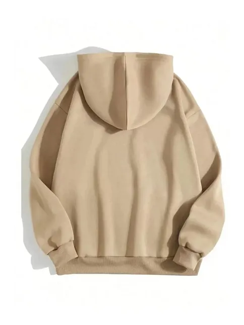 Kadın Kapüşonlu Kanguru Cepli 3 İplik Pamuklu Düz Hoodie Sweatshirt - Bej