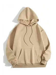 Kadın Kapüşonlu Kanguru Cepli 3 İplik Pamuklu Düz Hoodie Sweatshirt - Bej