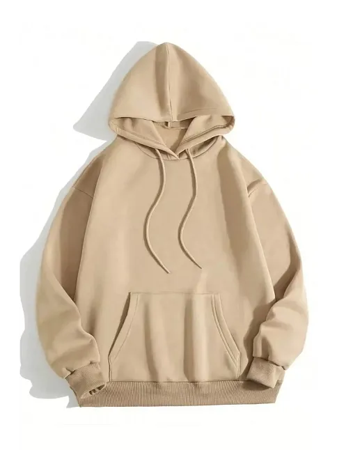 Kadın Kapüşonlu Kanguru Cepli 3 İplik Pamuklu Düz Hoodie Sweatshirt - Bej