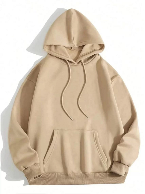 Kadın Kapüşonlu Kanguru Cepli 3 İplik Pamuklu Düz Hoodie Sweatshirt - Bej
