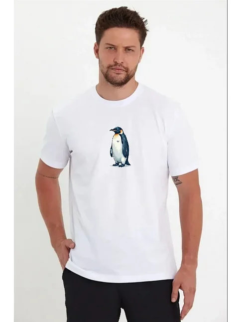 Erkek T-shirt Penguen Baskılı Bisiklet Yaka Kısa Kol Yazlık Tişört - Beyaz Erkek T-shirt Penguen Baskılı Bisiklet Yaka Kısa Kol Yazlık Tişört - Beyaz