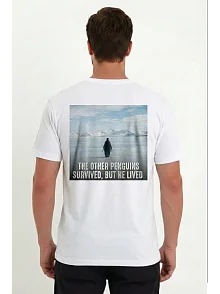 Erkek T-shirt Penguen Baskılı Bisiklet Yaka Kısa Kol Yazlık Tişört - Beyaz
