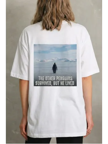 Kadın T-shirt Penguen Baskılı Bisiklet Yaka Kısa Kol Yazlık Tişört - Beyaz