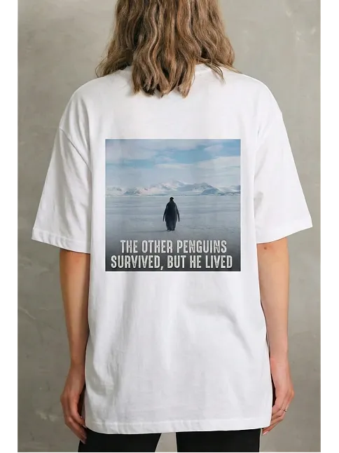 Kadın T-shirt Penguen Baskılı Bisiklet Yaka Kısa Kol Yazlık Tişört - Beyaz