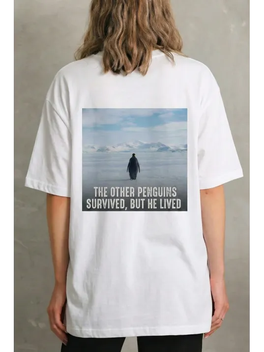 Kadın T-shirt Penguen Baskılı Bisiklet Yaka Kısa Kol Yazlık Tişört - Beyaz