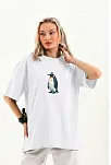 Kadın T-shirt Penguen Baskılı Bisiklet Yaka Kısa Kol Yazlık Tişört - Beyaz