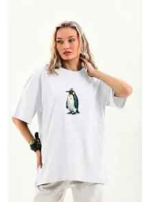 Kadın T-shirt Penguen Baskılı Bisiklet Yaka Kısa Kol Yazlık Tişört - Beyaz