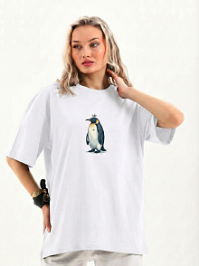 Kadın T-shirt Penguen Baskılı Bisiklet Yaka Kısa Kol Yazlık Tişört - Beyaz