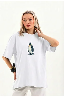 Kadın T-shirt Penguen Baskılı Bisiklet Yaka Kısa Kol Yazlık Tişört - Beyaz