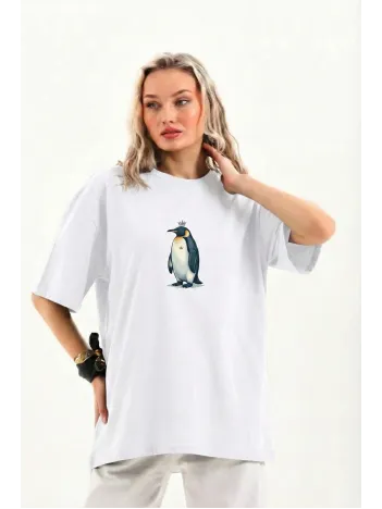Kadın T-shirt Penguen Baskılı Bisiklet Yaka Kısa Kol Yazlık Tişört - Beyaz
