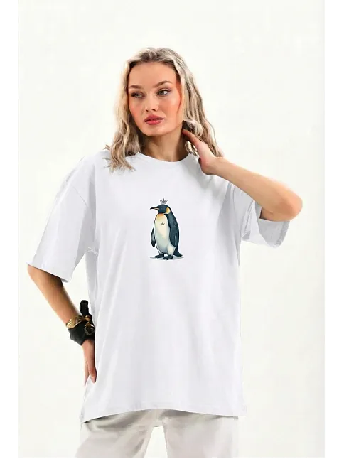 Kadın T-shirt Penguen Baskılı Bisiklet Yaka Kısa Kol Yazlık Tişört - Beyaz