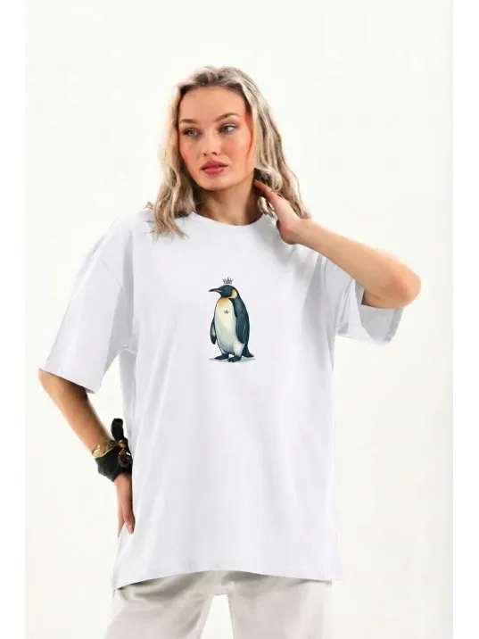 Kadın T-shirt Penguen Baskılı Bisiklet Yaka Kısa Kol Yazlık Tişört - Beyaz