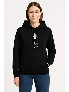 Kadın 3 İplik Pamuklu Kapüşonlu Hoodie Sweatshirt Nihilist Penguen Baskılı - Siyah
