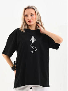 Kadın T-shirt Penguen Baskılı Bisiklet Yaka Kısa Kol Yazlık Tişört - Siyah