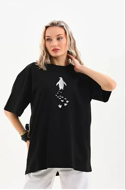 Kadın T-shirt Penguen Baskılı Bisiklet Yaka Kısa Kol Yazlık Tişört - Siyah