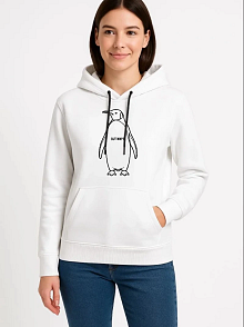 Kadın 3 İplik Pamuklu Kapüşonlu Hoodie Sweatshirt Nihilist Penguen Baskılı - Beyaz