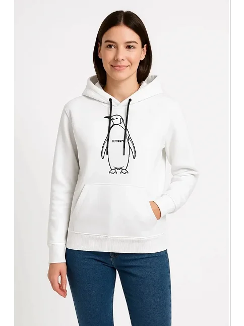 Kadın 3 İplik Pamuklu Kapüşonlu Hoodie Sweatshirt Nihilist Penguen Baskılı - Beyaz Kadın 3 İplik Pamuklu Kapüşonlu Hoodie Sweatshirt Nihilist Penguen Baskılı - Beyaz