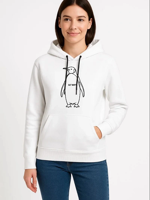 Kadın 3 İplik Pamuklu Kapüşonlu Hoodie Sweatshirt Nihilist Penguen Baskılı - Beyaz