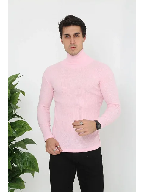 Erkek Fitilli Kaşkorse Kumaş Boğazlı Full Likralı Slimfit Body - Toz Pembe