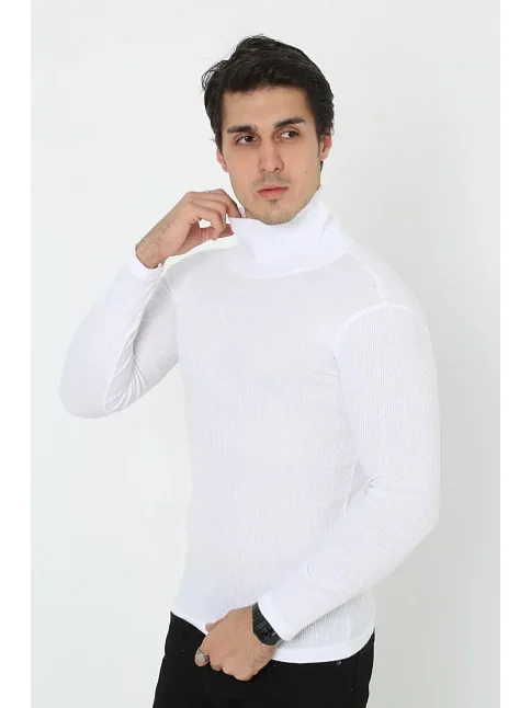 Erkek Fitilli Kaşkorse Kumaş Boğazlı Full Likralı Slimfit Body - Beyaz