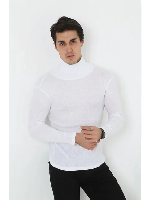 Erkek Fitilli Kaşkorse Kumaş Boğazlı Full Likralı Slimfit Body - Beyaz