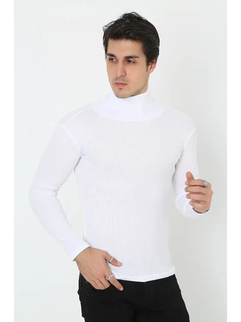 Erkek Fitilli Kaşkorse Kumaş Boğazlı Full Likralı Slimfit Body - Beyaz