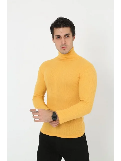 Erkek Fitilli Kaşkorse Kumaş Boğazlı Full Likralı Slimfit Body - Sarı